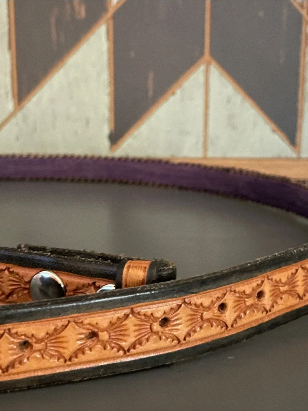Vintage Hitched Horsehair Belt Purple Vibrant Diamond Pattern Tooled Leather 36